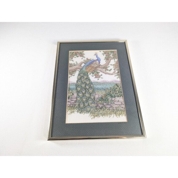 Vintage cross stitch wall art peacock in apple tree framed and behind glass, - Picture 7 of 10